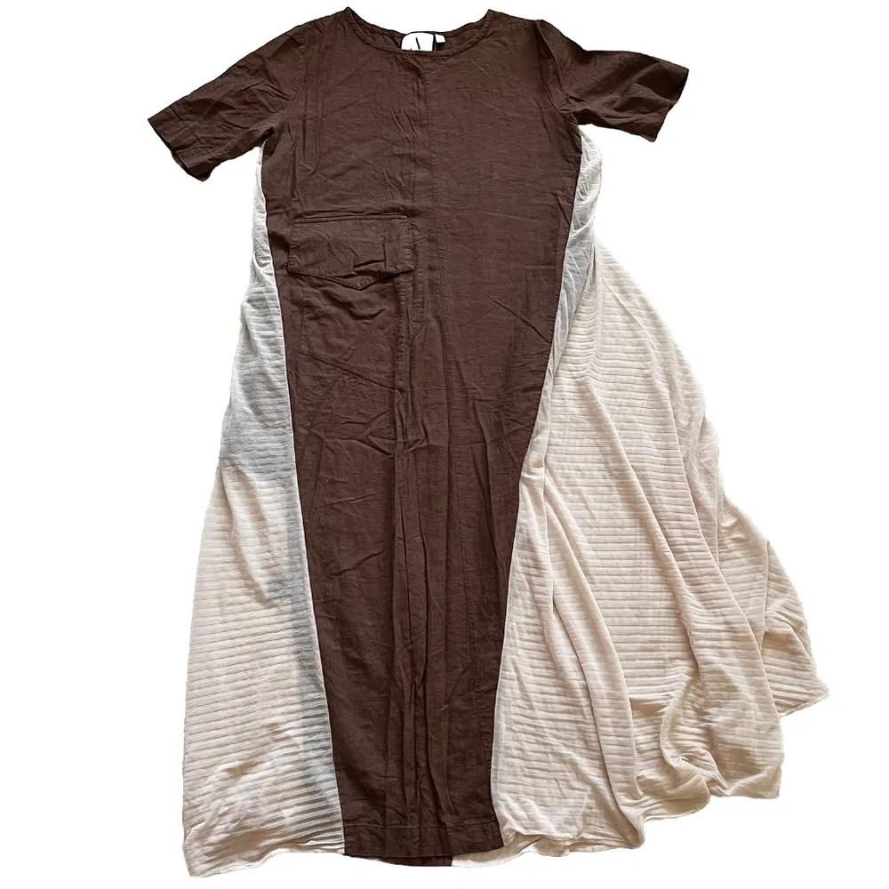 ADEPTT LINEN MAXI DRESS WITH LARGE FRONT POCKETS AND SHEER CHIFFON SIDES MODERN - Picture 3 of 13